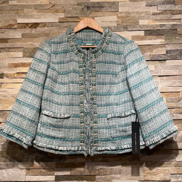 Chico’s Black Label M Tweed Jacket | Embellished Shell Enamel Tile Trim Aqua NWT - Picture 9 of 9
